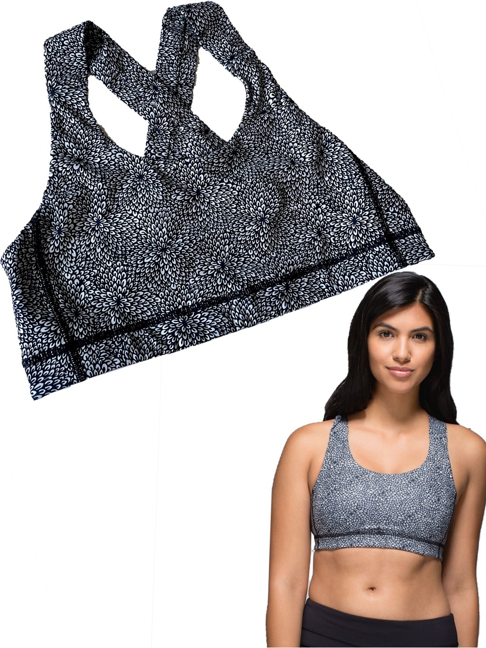 Lululemon All Sport Bra Black White Floral Wide Cross Straps Medium Support Sz 8